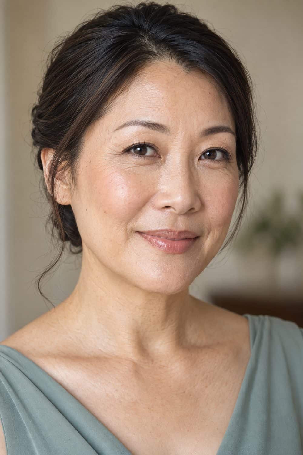 adult bridesmaid, East Asian woman aged about 46 with light-medium skin, sheer complexion, individually defined natural lashes, subtle neutral blush and clear gloss, hair kept simply away from the face, unretouched real skin texture