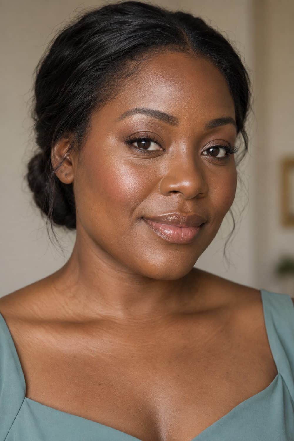 adult bridesmaid, Black woman aged about 32 with deep brown skin, sheer skin tint, clear cream highlight on cheekbones without visible glitter, peach blush and balm, hair kept simply away from the face, unretouched real skin texture