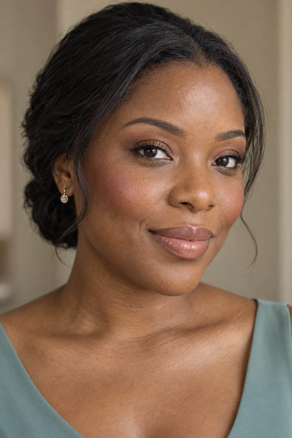 adult bridesmaid, Black woman aged about 32 with deep brown skin, light skin tint with dusty rose blush swept softly from cheeks toward temples, brown mascara and balm, hair kept simply away from the face, unretouched real skin texture