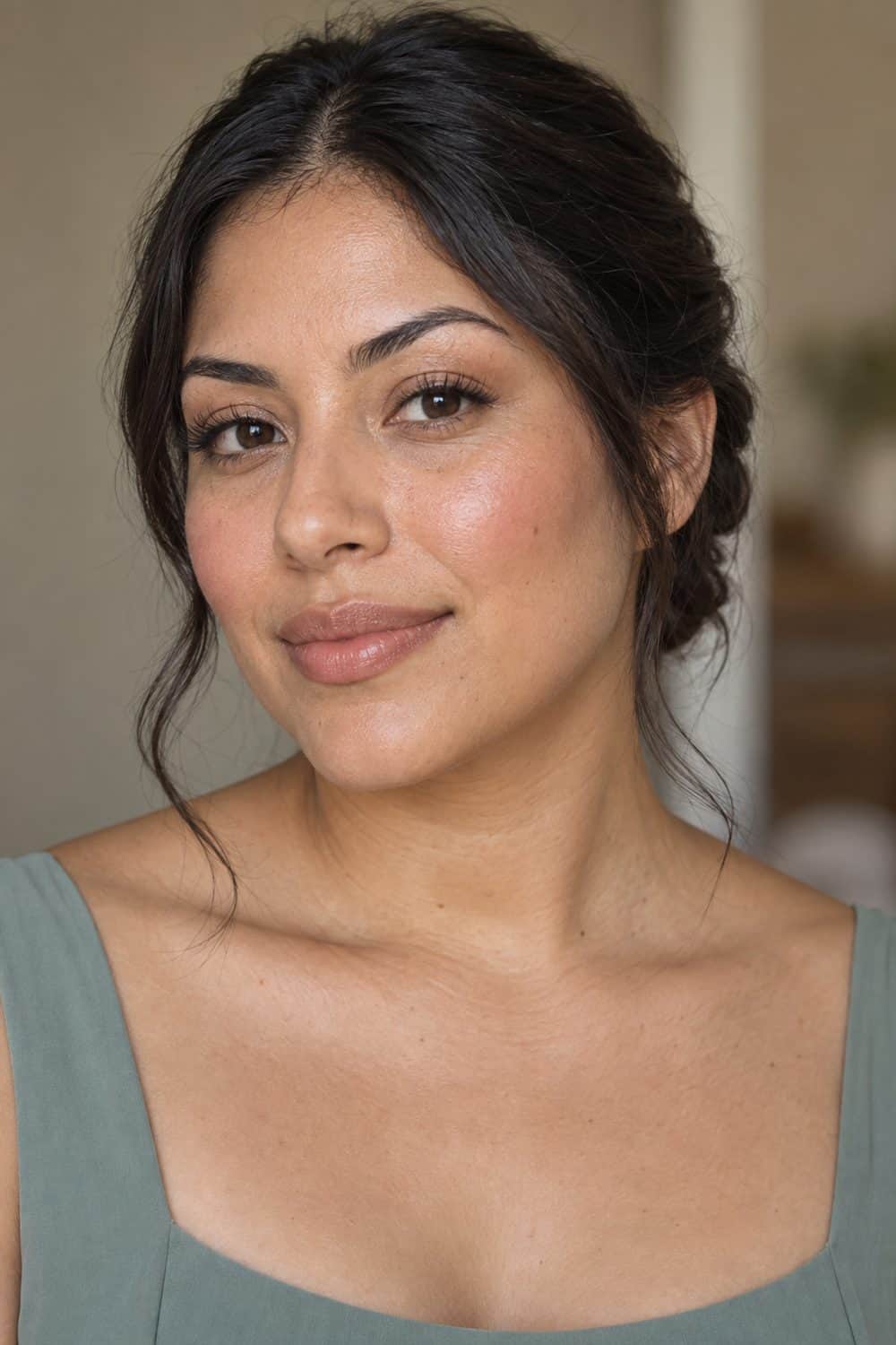 adult bridesmaid, Latina woman aged about 27 with medium olive skin, spot concealer only around the nose and chin, rosy cream blush, clear brow gel and nude balm, hair kept simply away from the face, unretouched real skin texture