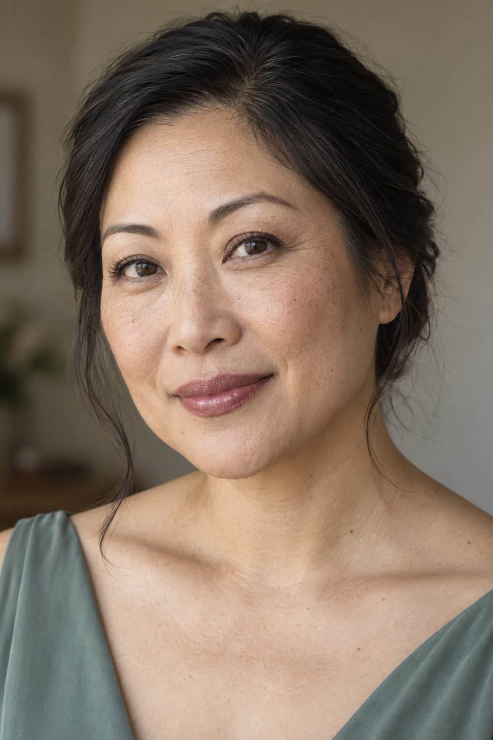 adult bridesmaid, East Asian woman aged about 46 with light-medium skin, muted plum lip balm, bare softly powdered lids, brown mascara and visible freckles, hair kept simply away from the face, unretouched real skin texture