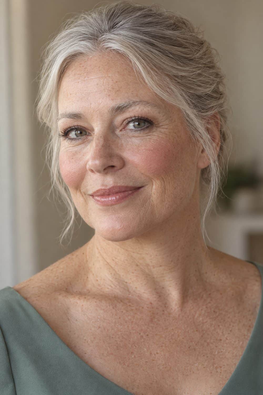 adult bridesmaid, white woman aged about 55 with fair freckled skin, light satin skin, naturally silver brows brushed into place, muted rose blush and clear lip balm, hair kept simply away from the face, unretouched real skin texture