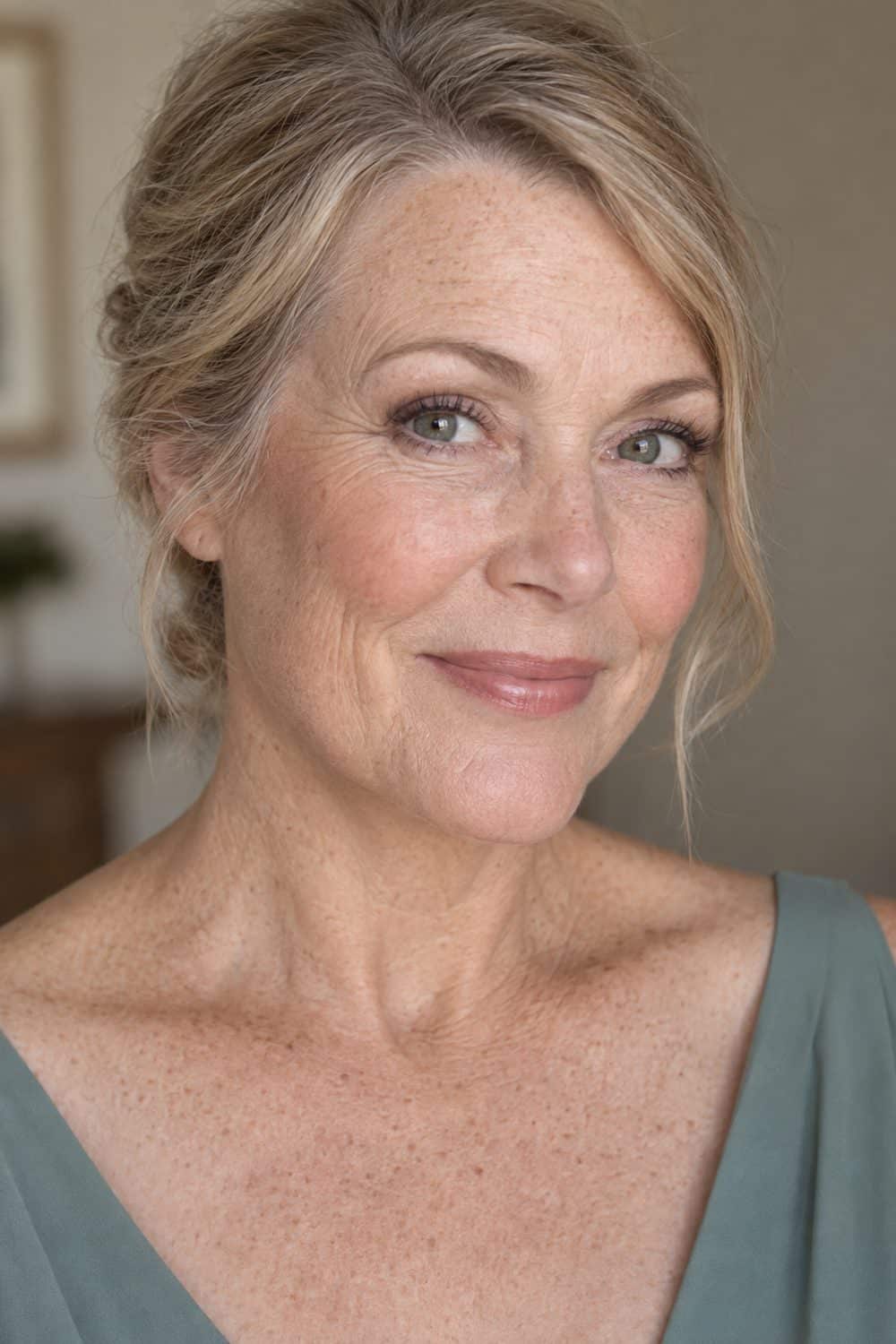 adult bridesmaid, white woman aged about 55 with fair freckled skin, very sheer complexion with a trace of lavender-toned brightening around dull areas, cream blush and balm, hair kept simply away from the face, unretouched real skin texture