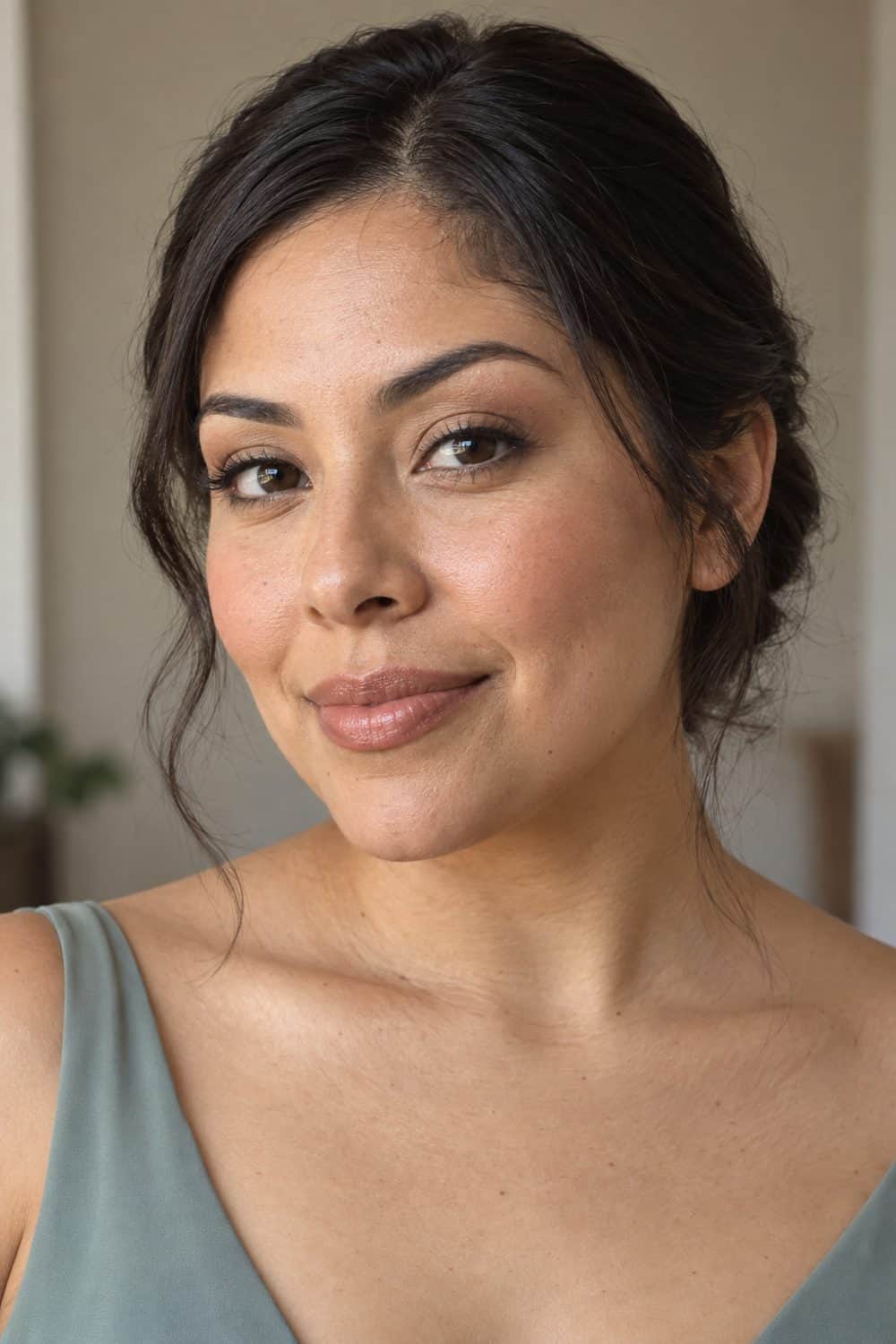 adult bridesmaid, Latina woman aged about 27 with medium olive skin, sheer warm beige lid, beige-rose cream blush, tinted beige balm and visible natural skin, hair kept simply away from the face, unretouched real skin texture