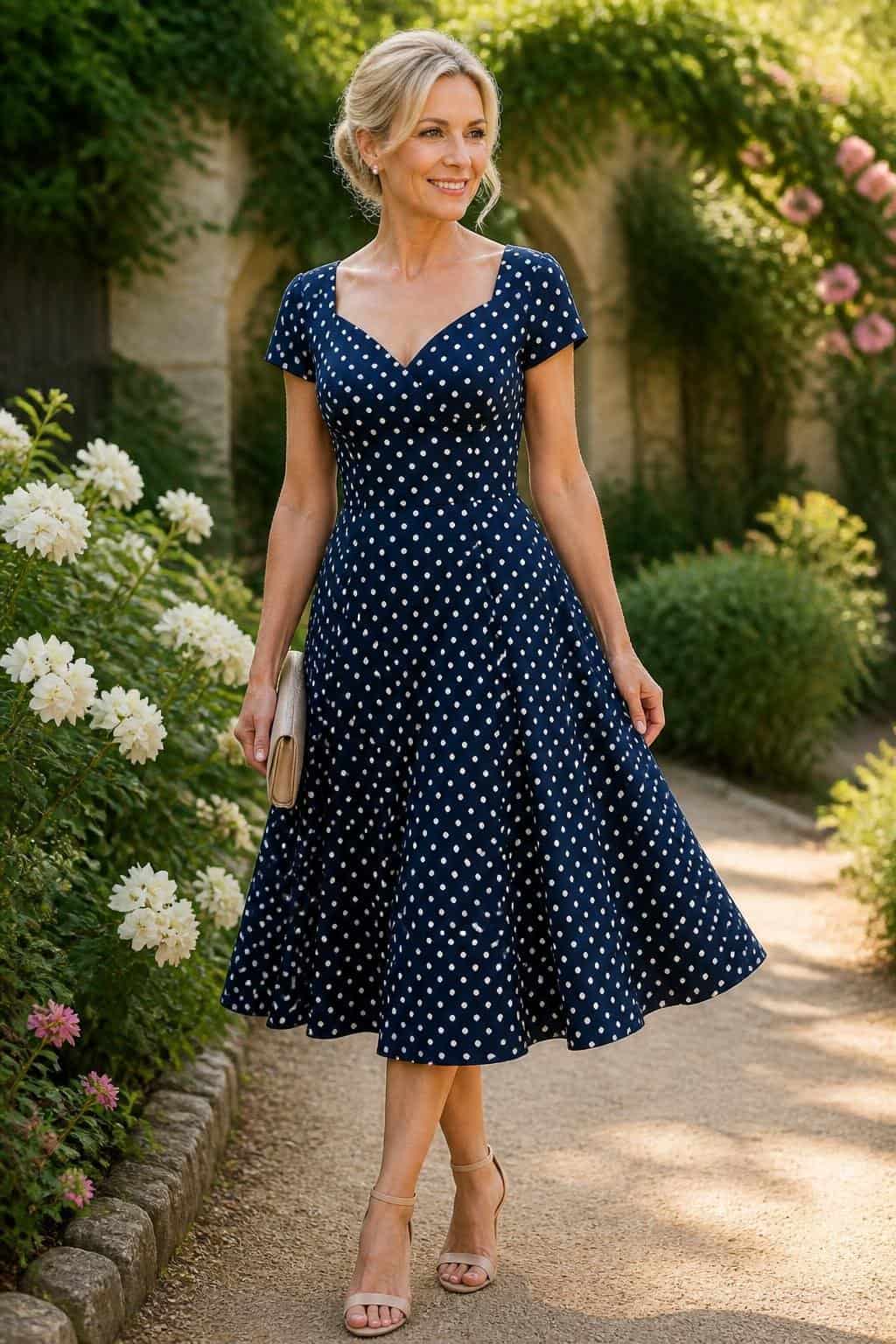 A woman in a navy blue and white polka-dot tea-length fit-and-flare dress, standing in a garden with green shrubs and small white flowers visible