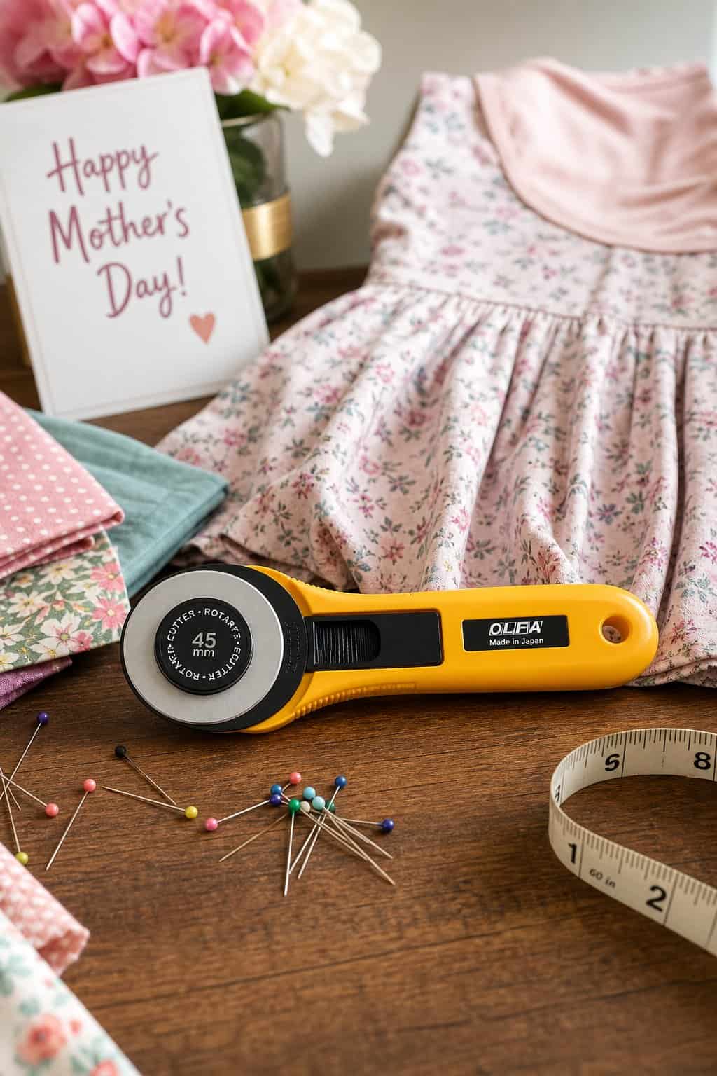 A close-up of an orange-handled rotary cutter resting on a gridded cutting mat beside neatly folded fabric, with a measuring tape coiled nearby.