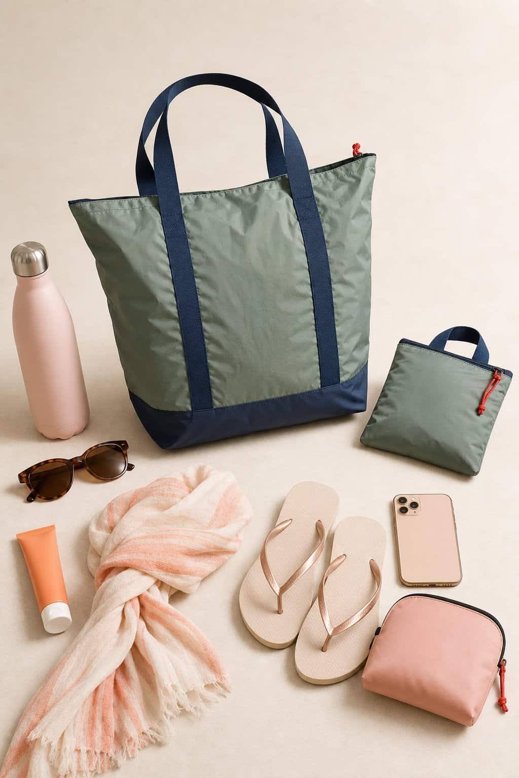 A folded and unfolded packable weekender tote in a neutral ripstop nylon next to travel essentials including sunglasses, sunscreen, flip-flops, and a water bottle on a clean surface.