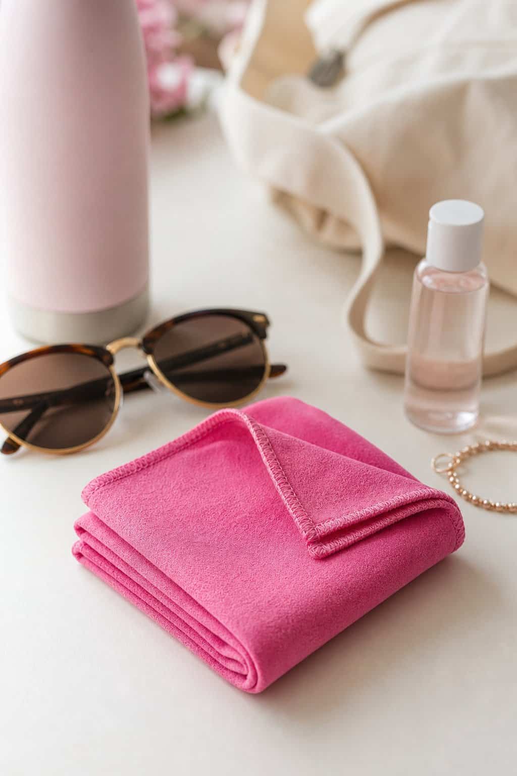 A small folded quick-dry microfiber towel in a muted color displayed with sunglasses, a water bottle, a beaded bracelet, and skincare items on a light background.