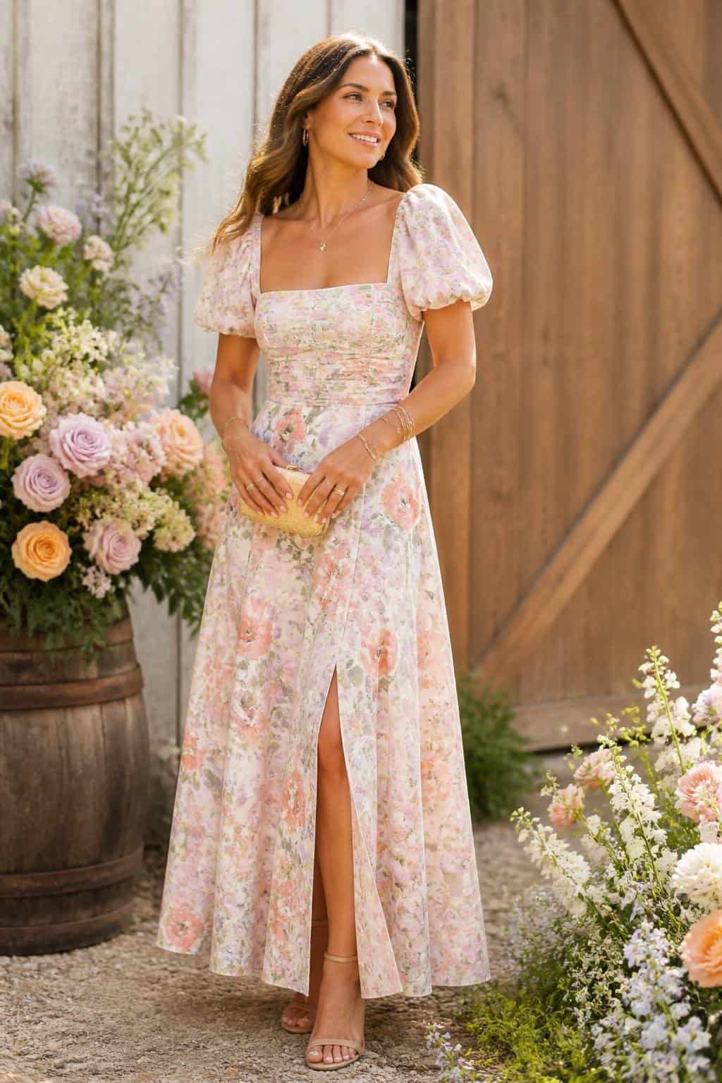 A woman in a pastel floral wrap-style tea dress with kimono sleeves, standing outdoors surrounded by blooms and natural wooden textures