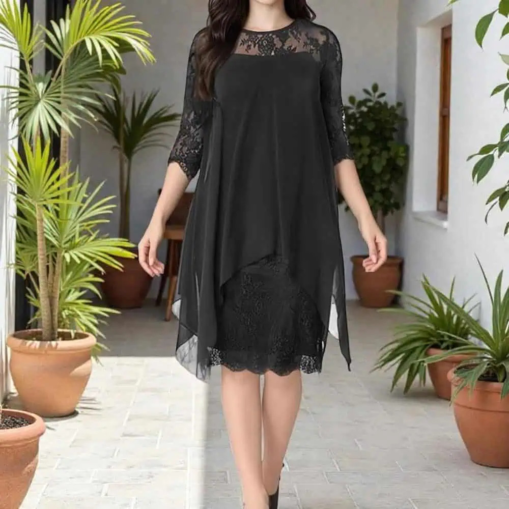 Black Lace Chiffon Midi Dress