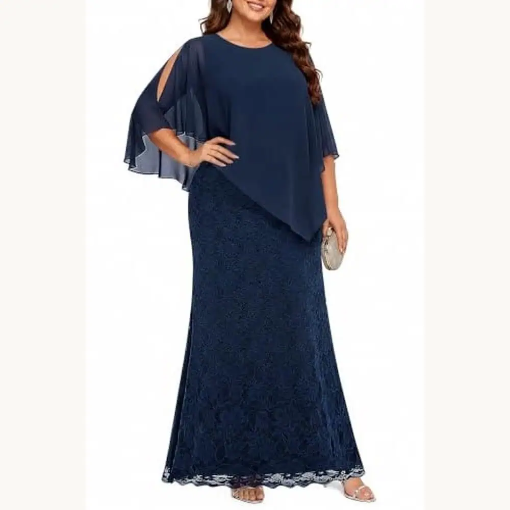 Navy Lace Mermaid Gown with Capelet