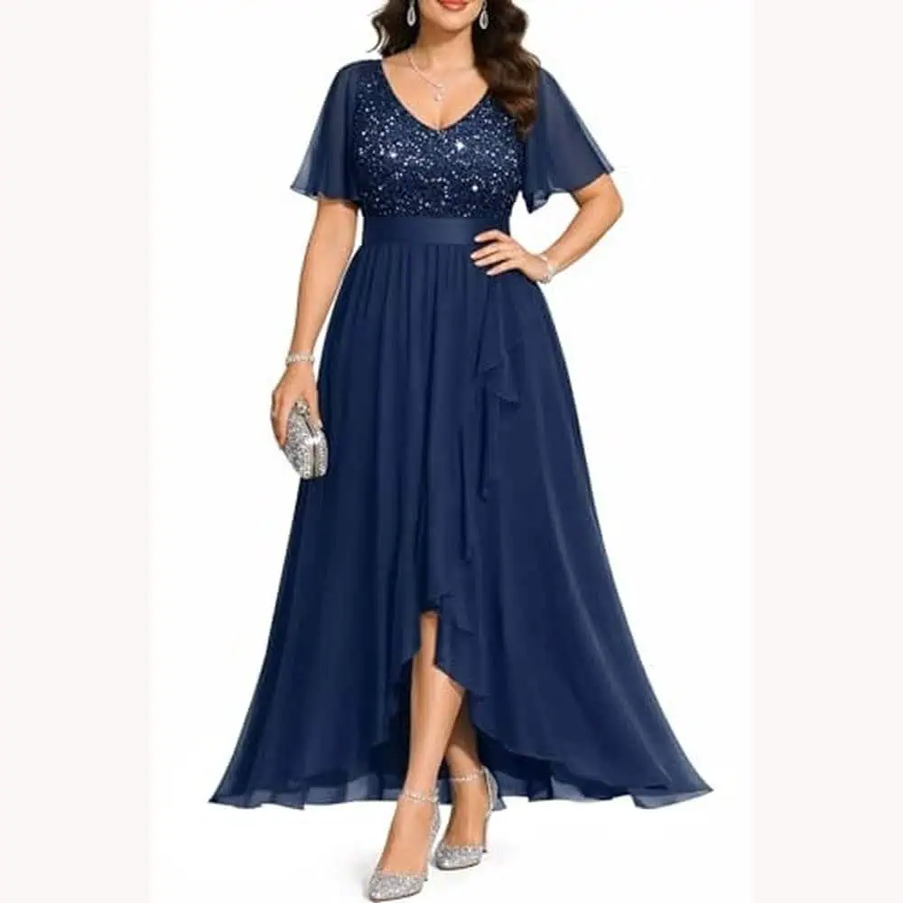 Navy Sequin-Lace High-Low Dress