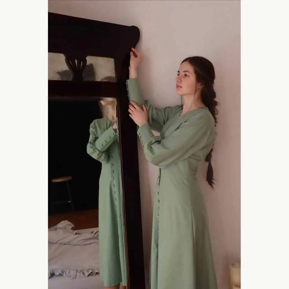 Olive Button-Front Tea-Length Dress