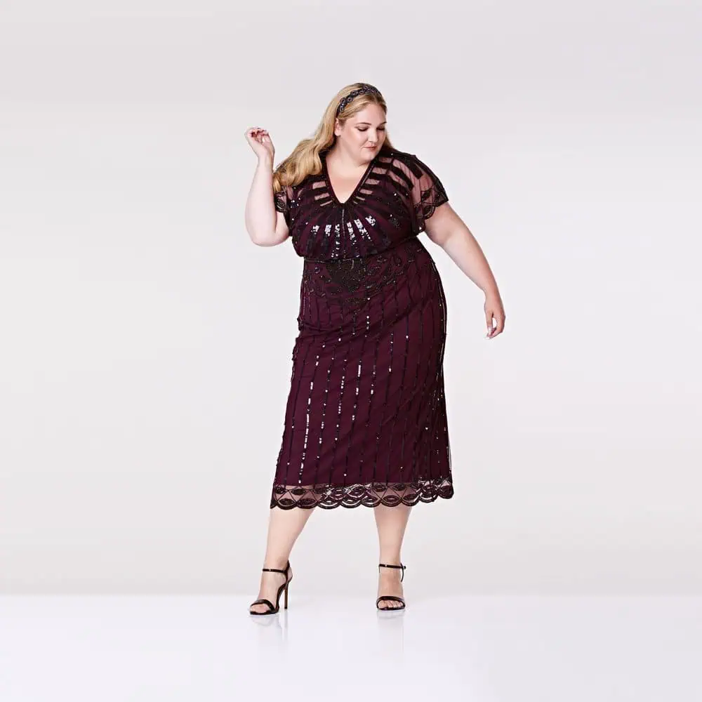 Plum Art Deco Angel-Sleeve Maxi Dress