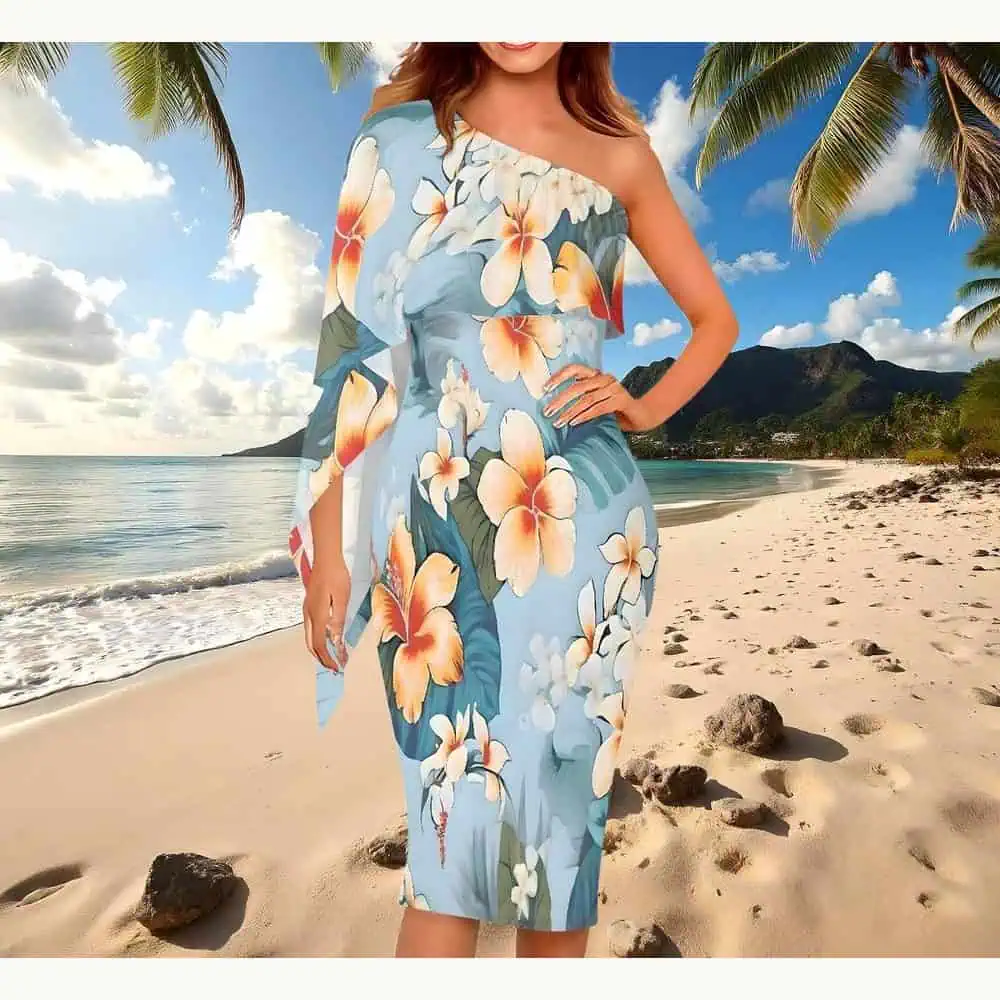 Sky Blue One-Shoulder Hawaiian Gown