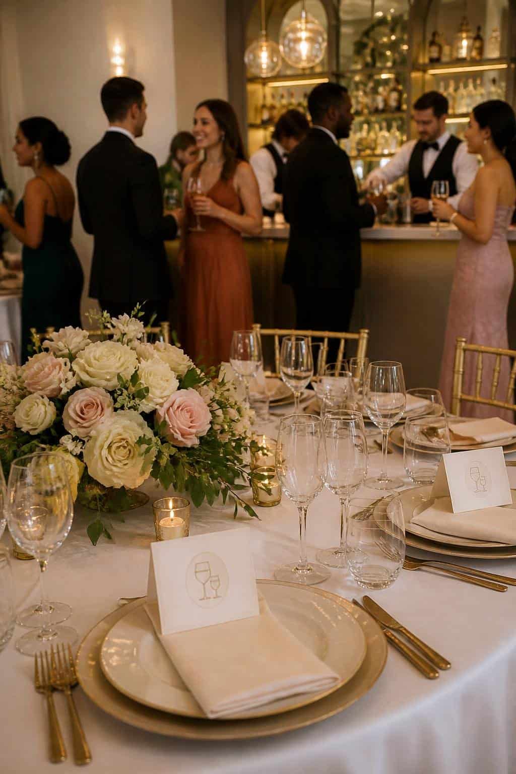 A wedding reception display table with cream escort cards arranged alphabetically near a small floral arrangement, with guests visible in the background near a softly lit bar.