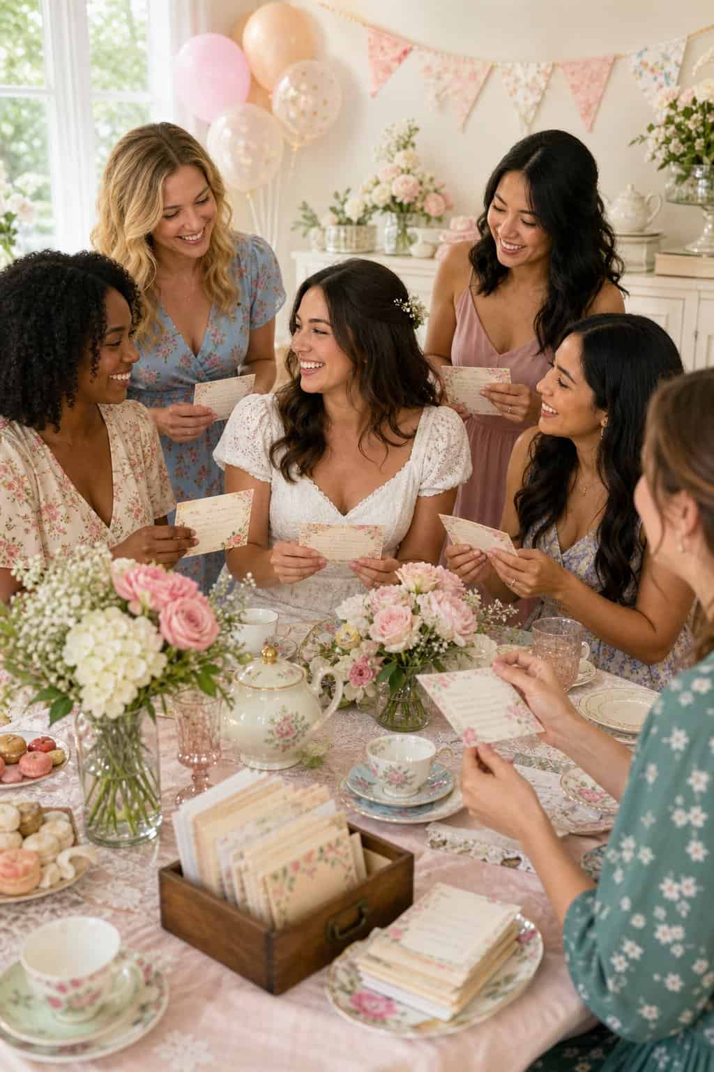 Women at a bridal shower passing handwritten recipe cards around a table decorated with small potted plants, ribbon-tied favor bags, and a wooden recipe box at the center.