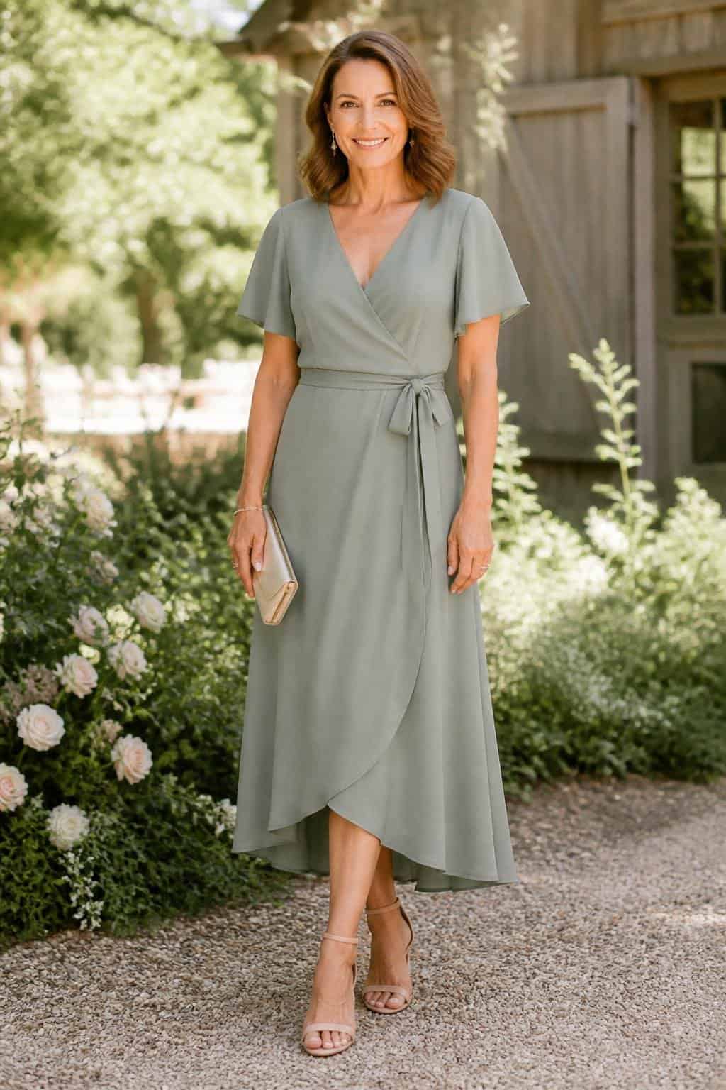 A woman in a sage green midi wrap dress with short flutter sleeves, smiling in dappled natural light with soft greenery behind her