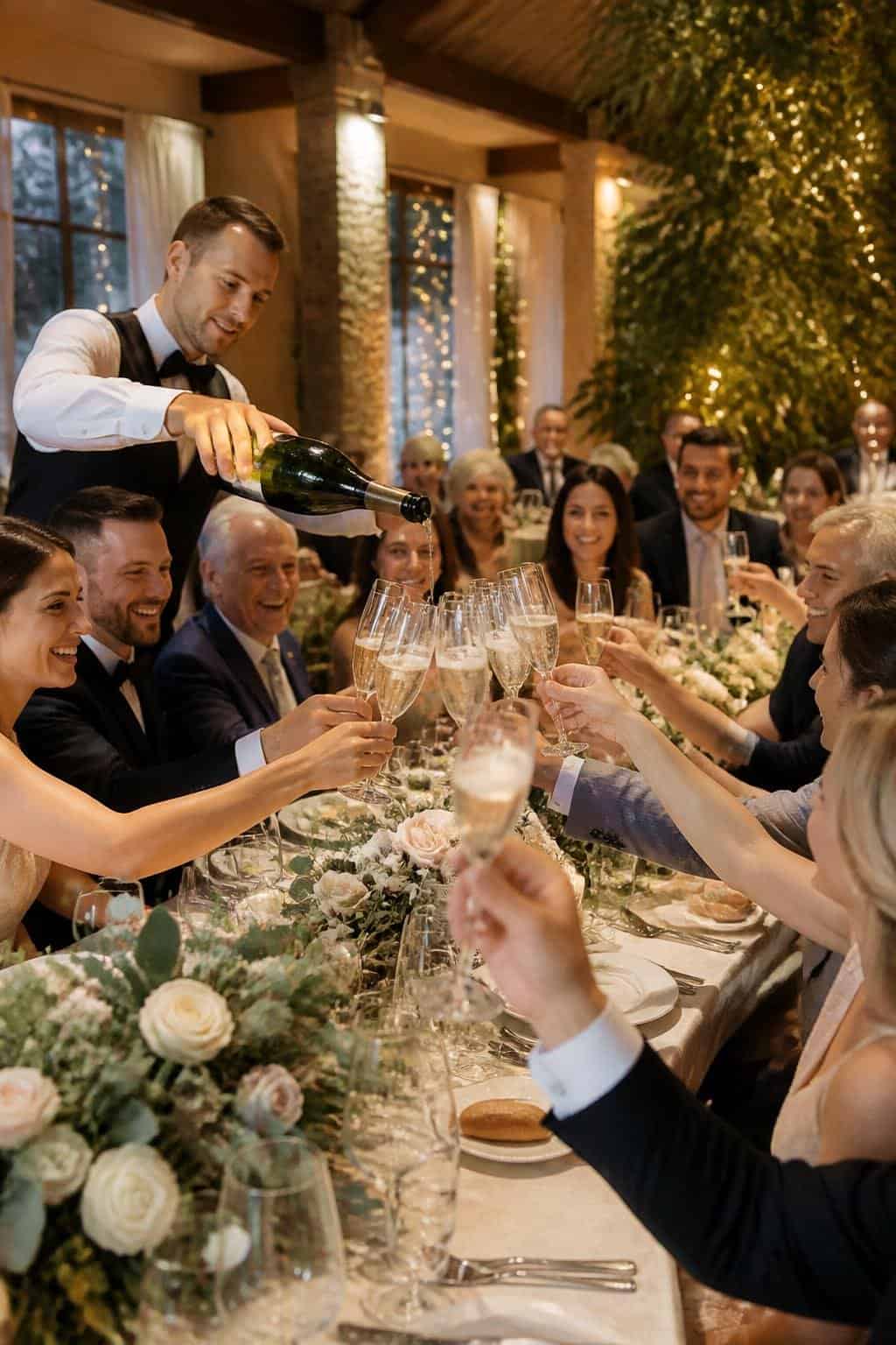 A large family group standing around a banquet table raising champagne flutes in a toast at a wedding reception, with warm overhead lighting and a floral backdrop.