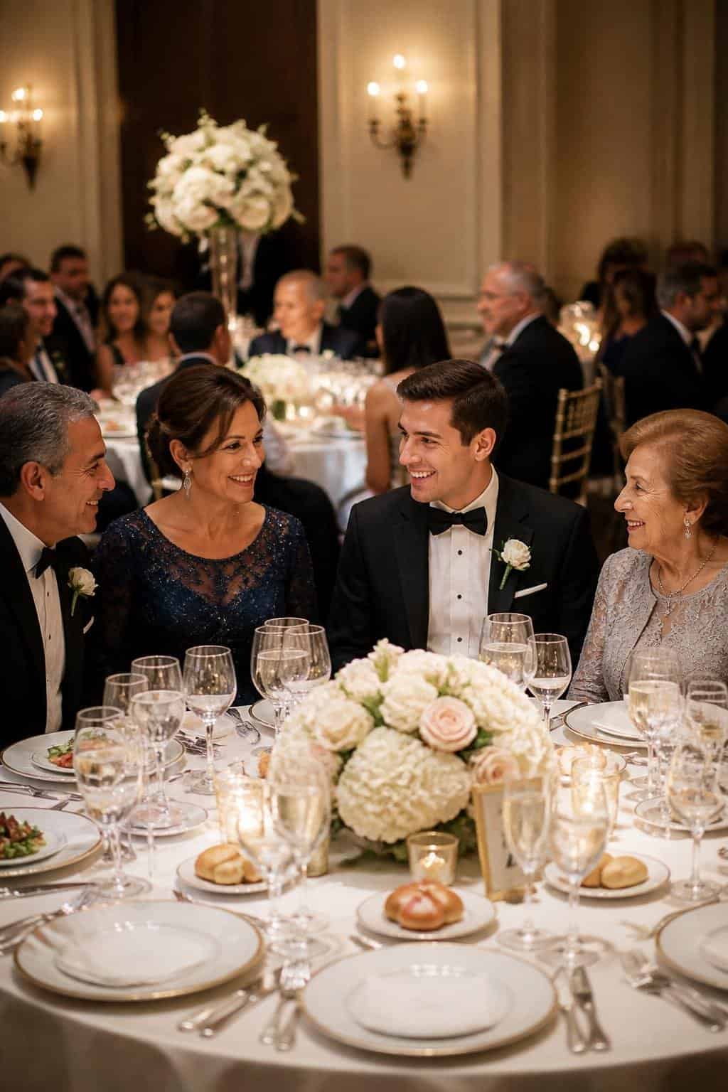 Groom's immediate family members seated together at a formally set round table during a wedding reception, with white linens and centerpiece flowers visible.