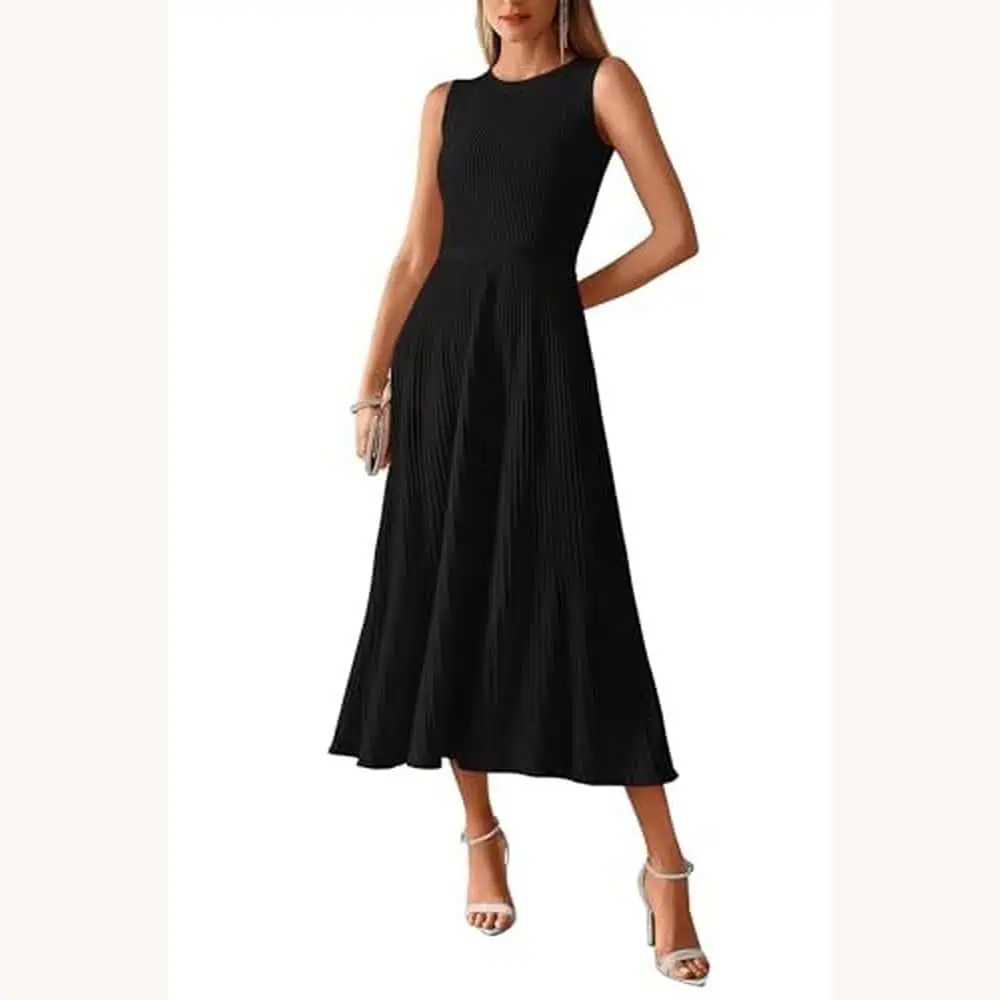 Black Rib-Knit Pleated Midi Dress