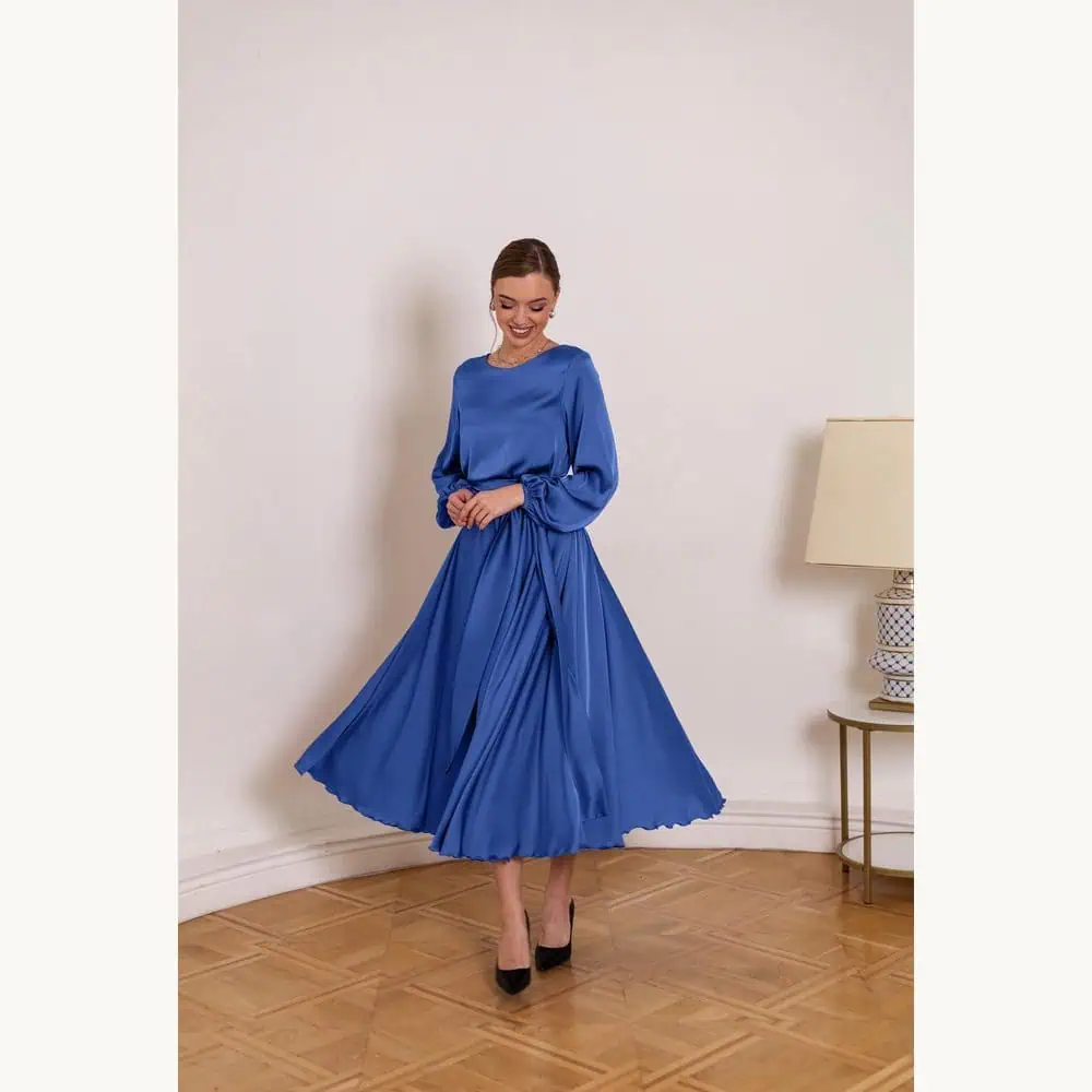 Blue Satin Long-Sleeve Midi Dress