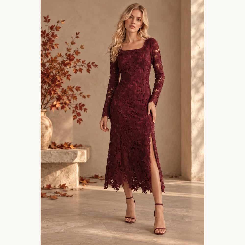 Burgundy Floral Lace Midi Dress