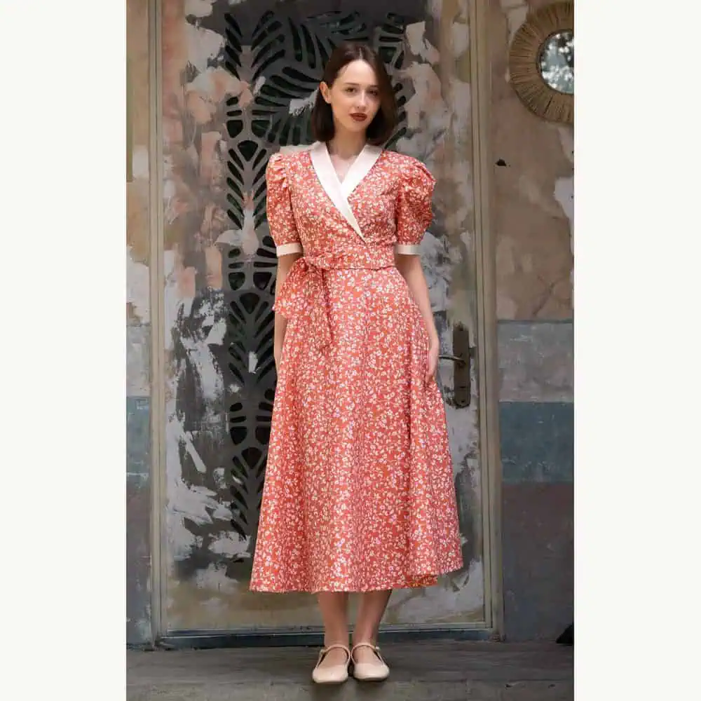 Coral Floral Cotton Wrap Midi Dress