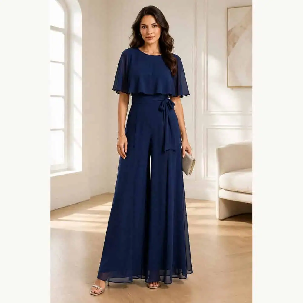 Navy Chiffon Cape-Sleeve Jumpsuit
