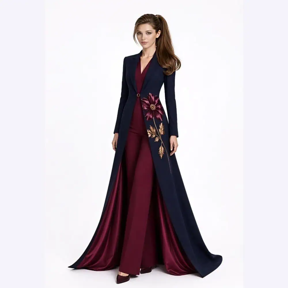 Navy Coat and Burgundy Jumpsuit Set