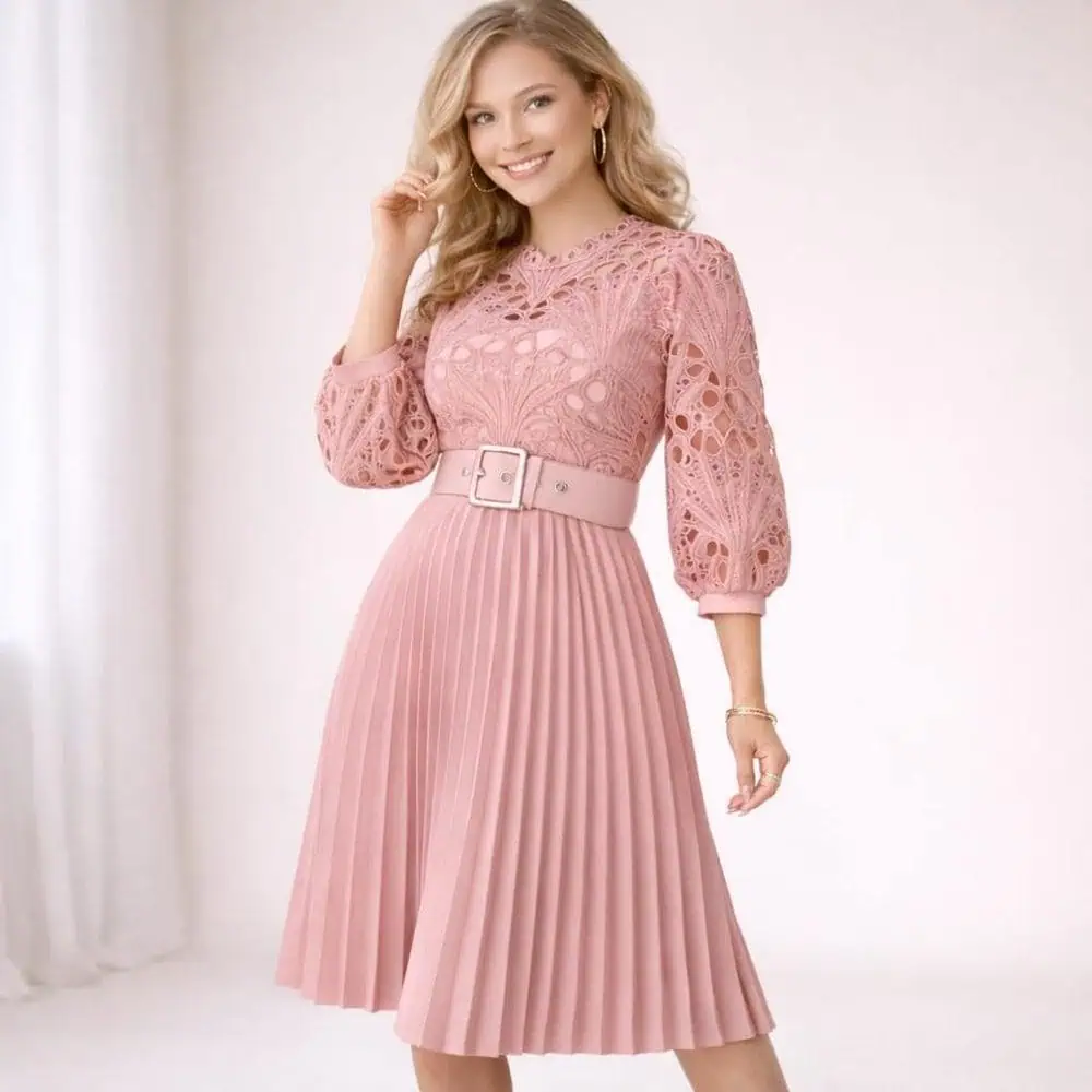 Pink Lace Pleated Midi Dress