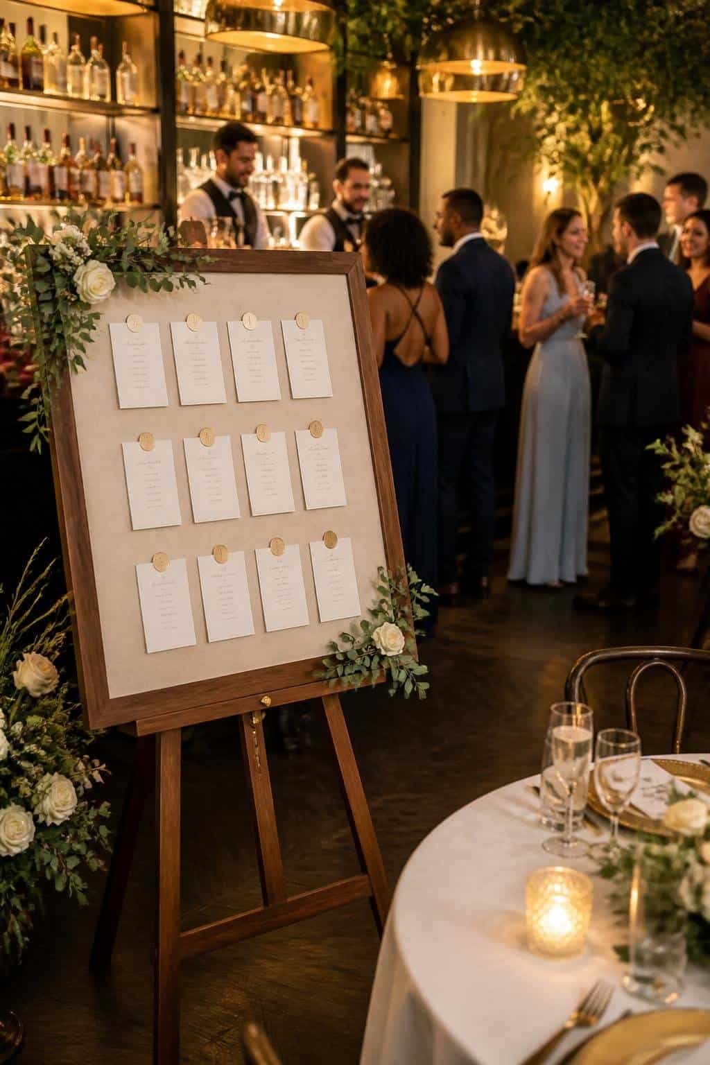 A wedding reception with a hand-lettered sign near a floral cocktail display reading a polite bar opening message, with guests socializing in the background near a draped bar.