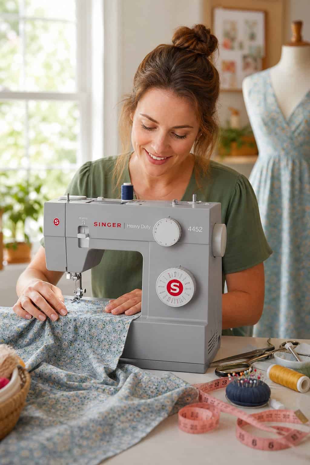 A woman with rolled-up sleeves guiding fabric through a silver Singer sewing machine in a bright, organized sewing room with spools of thread on a nearby shelf.