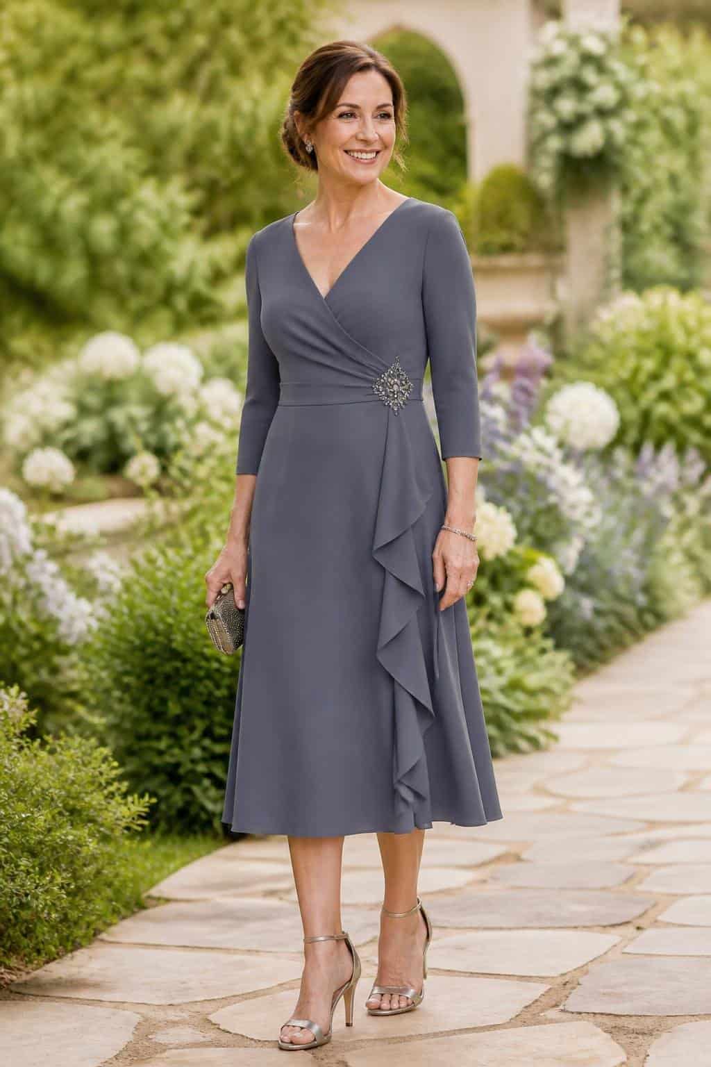 A woman in a slate-gray fit-and-flare midi dress walking on a stone garden path lined with green plants and small blooms