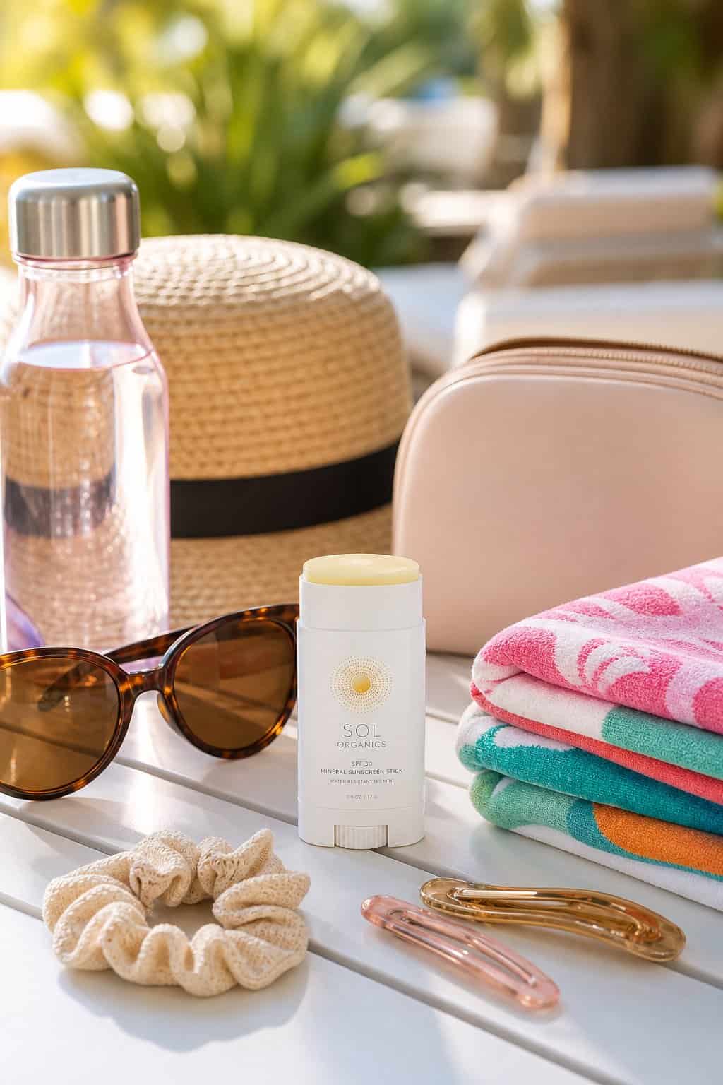 A sunscreen stick in a white twist-up tube surrounded by sunglasses, a water bottle, a wide-brim sun hat, a makeup pouch, and folded beach towels on a bright surface.