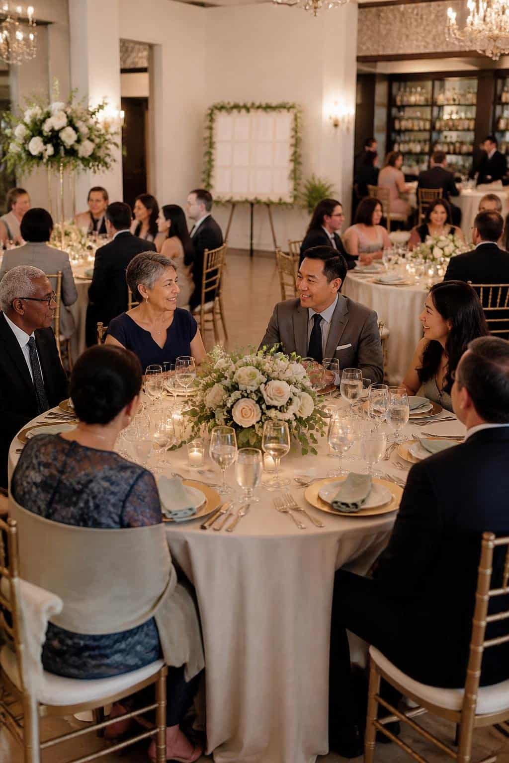 A wedding reception room with a mix of long banquet tables and smaller round tables, guests seated in organized groupings, with floral centerpieces and soft pendant lighting overhead.