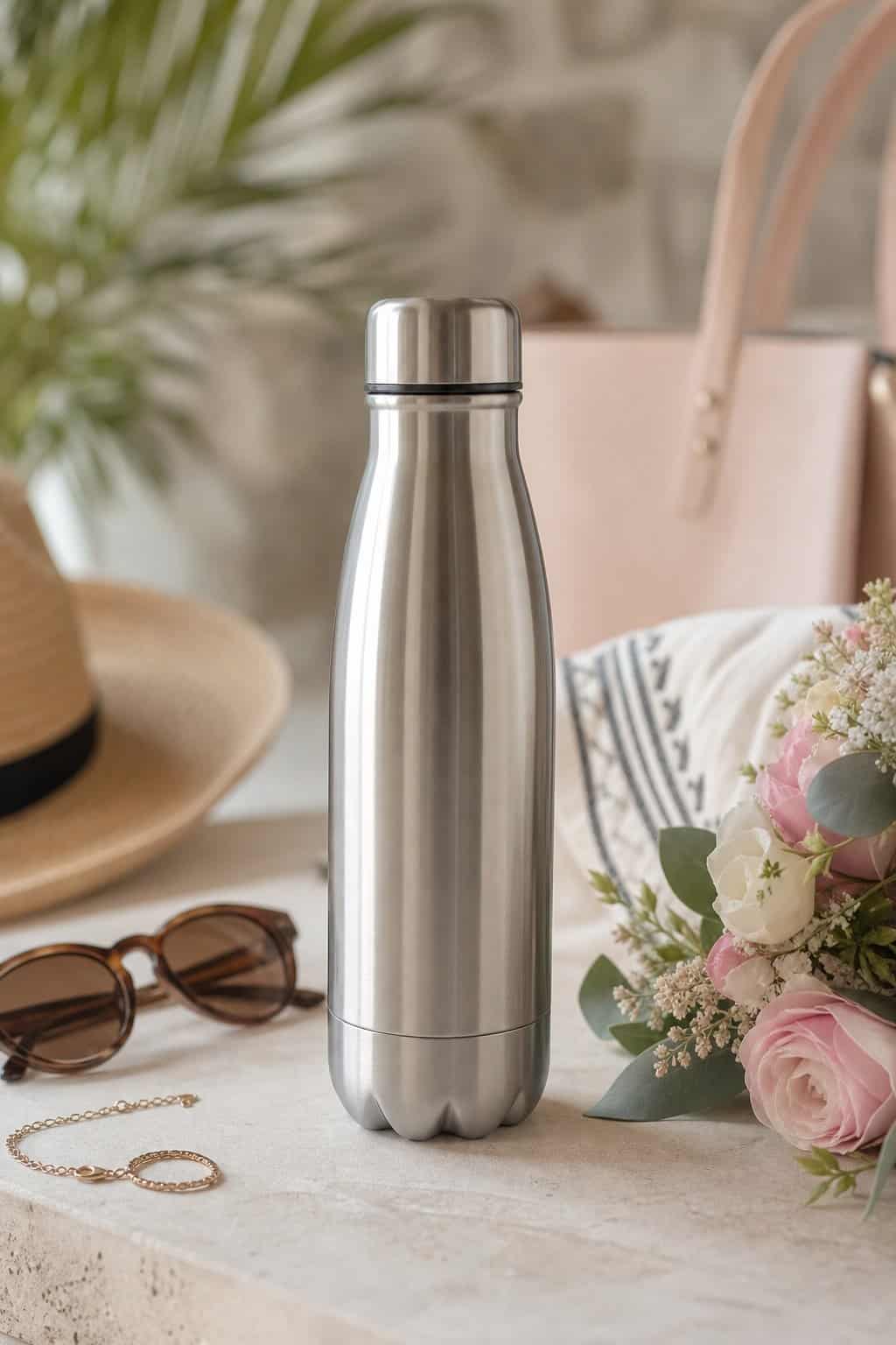 A stainless steel reusable water bottle in a marble pattern on a light surface surrounded by sunglasses, a beaded bracelet, and small white flowers.