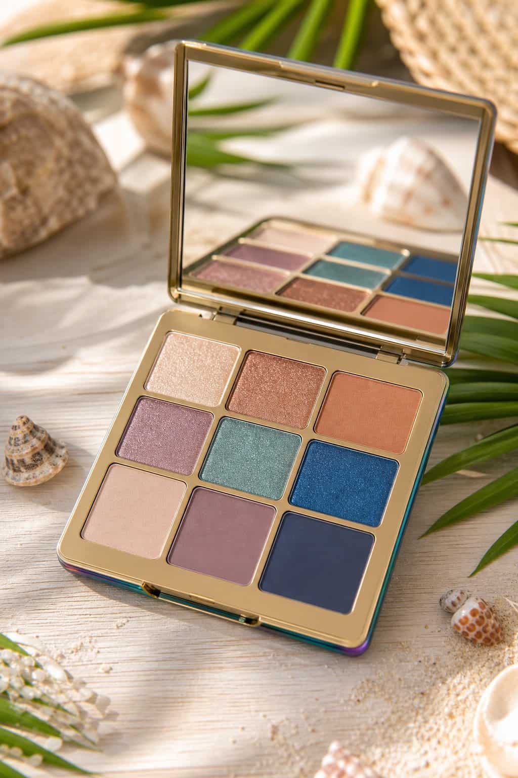 An open travel-size eyeshadow palette showing warm neutral and shimmery ocean-inspired shades, surrounded by palm leaves and small seashells on a wooden surface.