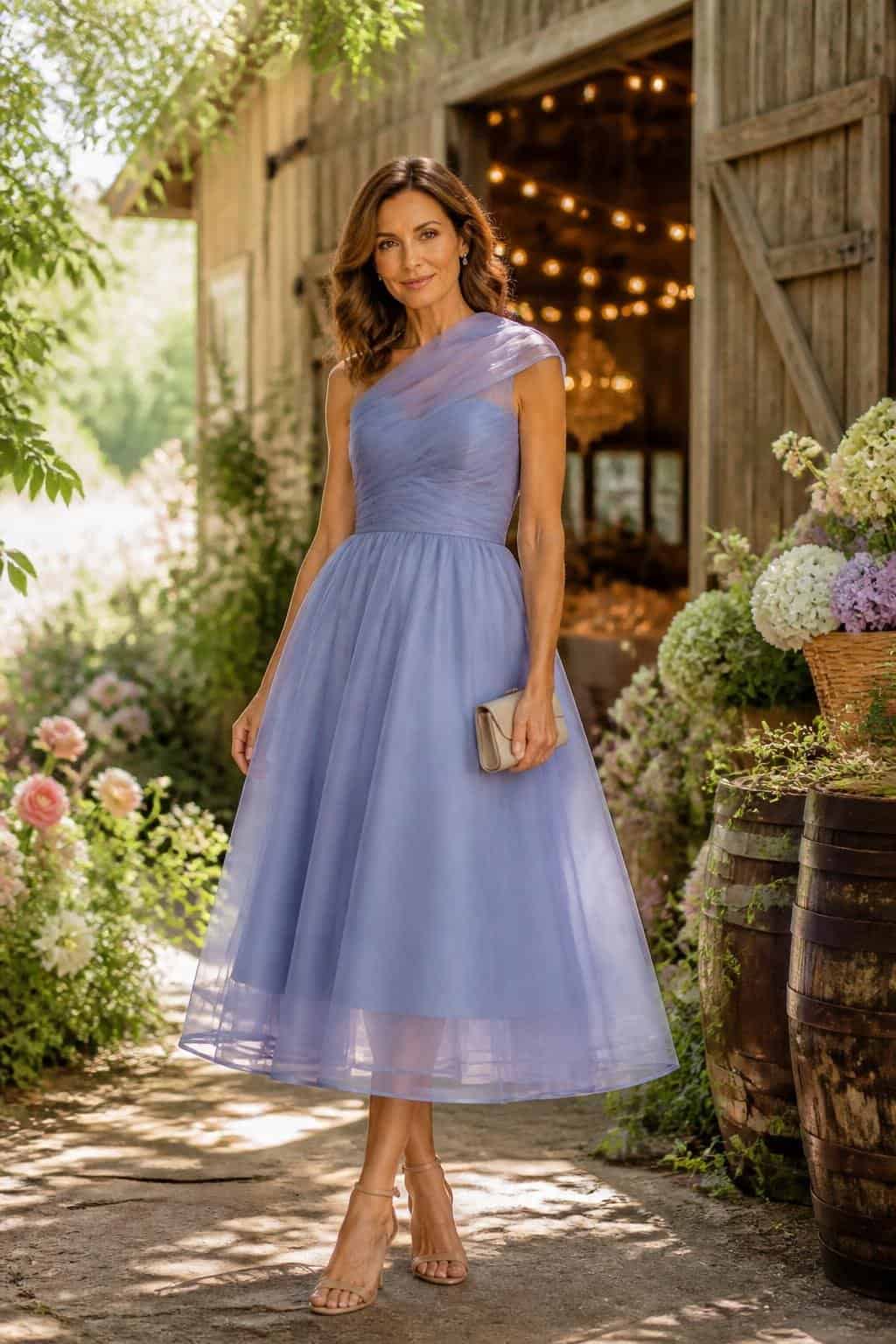 A woman in a periwinkle tea-length fit-and-flare organza dress standing outdoors, surrounded by wildflowers and soft wooden architectural details