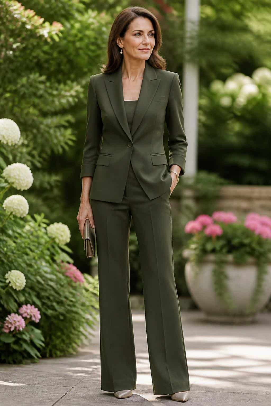 A woman in a structured ivy-green tailored blazer and matching straight-leg trousers, standing on a garden path with soft foliage around her