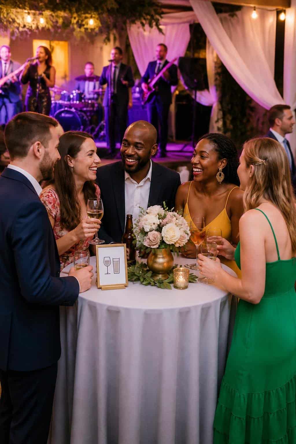 Guests in cocktail attire enjoying drinks and conversation at a tall linen-covered high-top table positioned near a live band setup at a wedding reception.