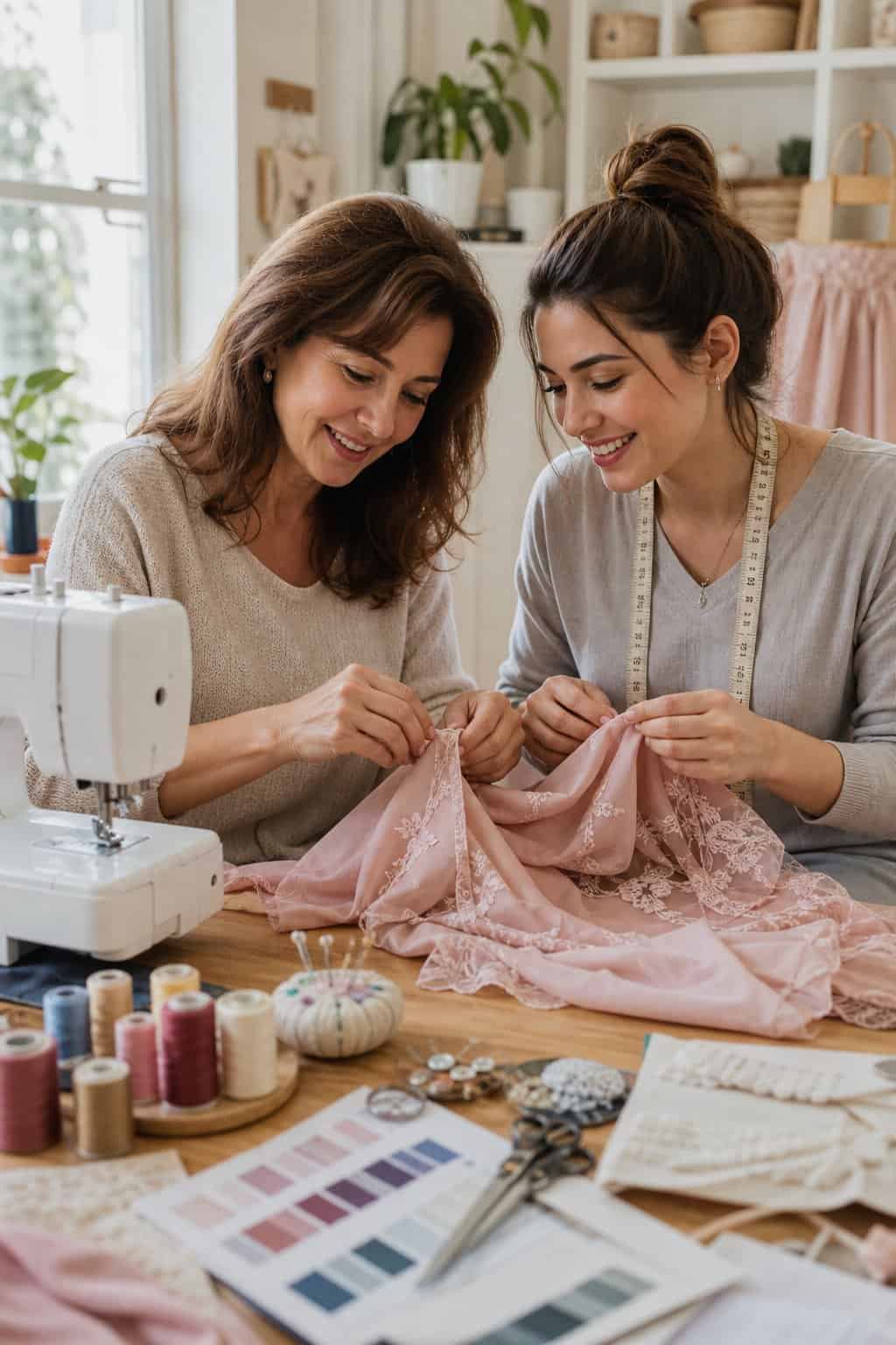 A mother and adult daughter laughing softly over a dress laid across a kitchen table scattered with pins, a measuring tape, and two cups of tea on the far edge of the frame.