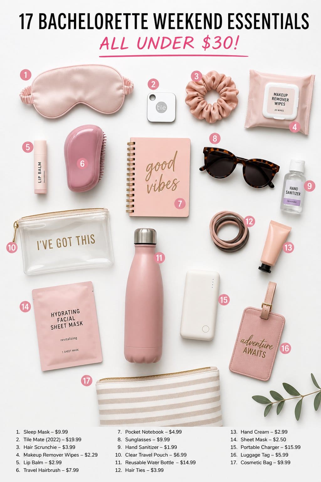 Flat lay of small travel and lifestyle items including a white square Bluetooth tracker, beauty products, sunglasses, and a compact water bottle arranged on a white background.