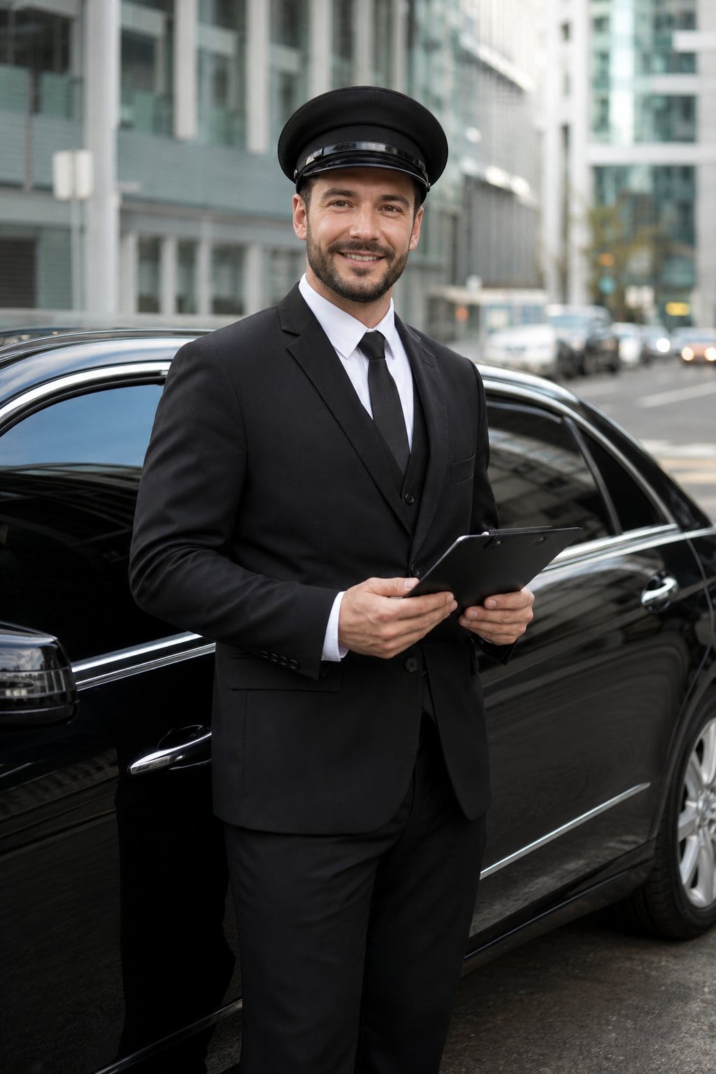 A uniformed limousine driver standing beside a black luxury vehicle on a quiet city street in daylight.