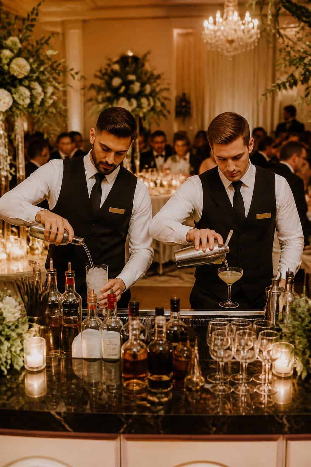Two bartenders in black aprons working behind a sleek bar near a head table at a wedding reception, with guests seated at white-linened tables in the foreground.