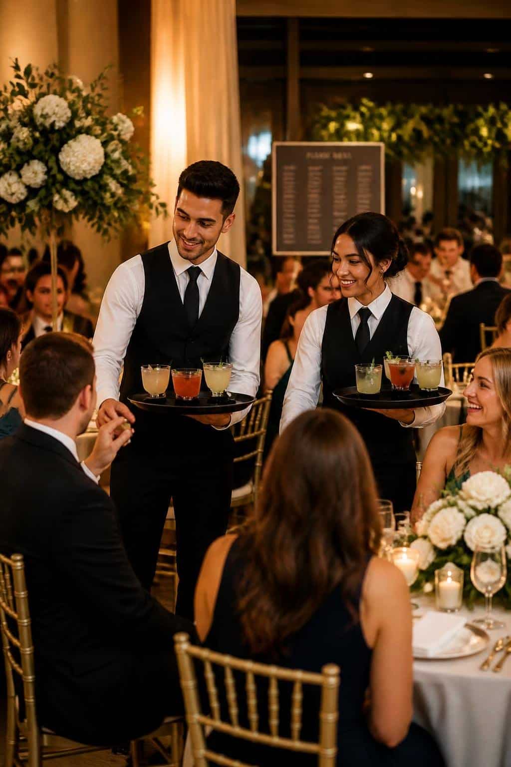 Two servers in black uniforms carrying silver trays of pre-poured cocktails with citrus garnishes to guests seated at round reception tables.
