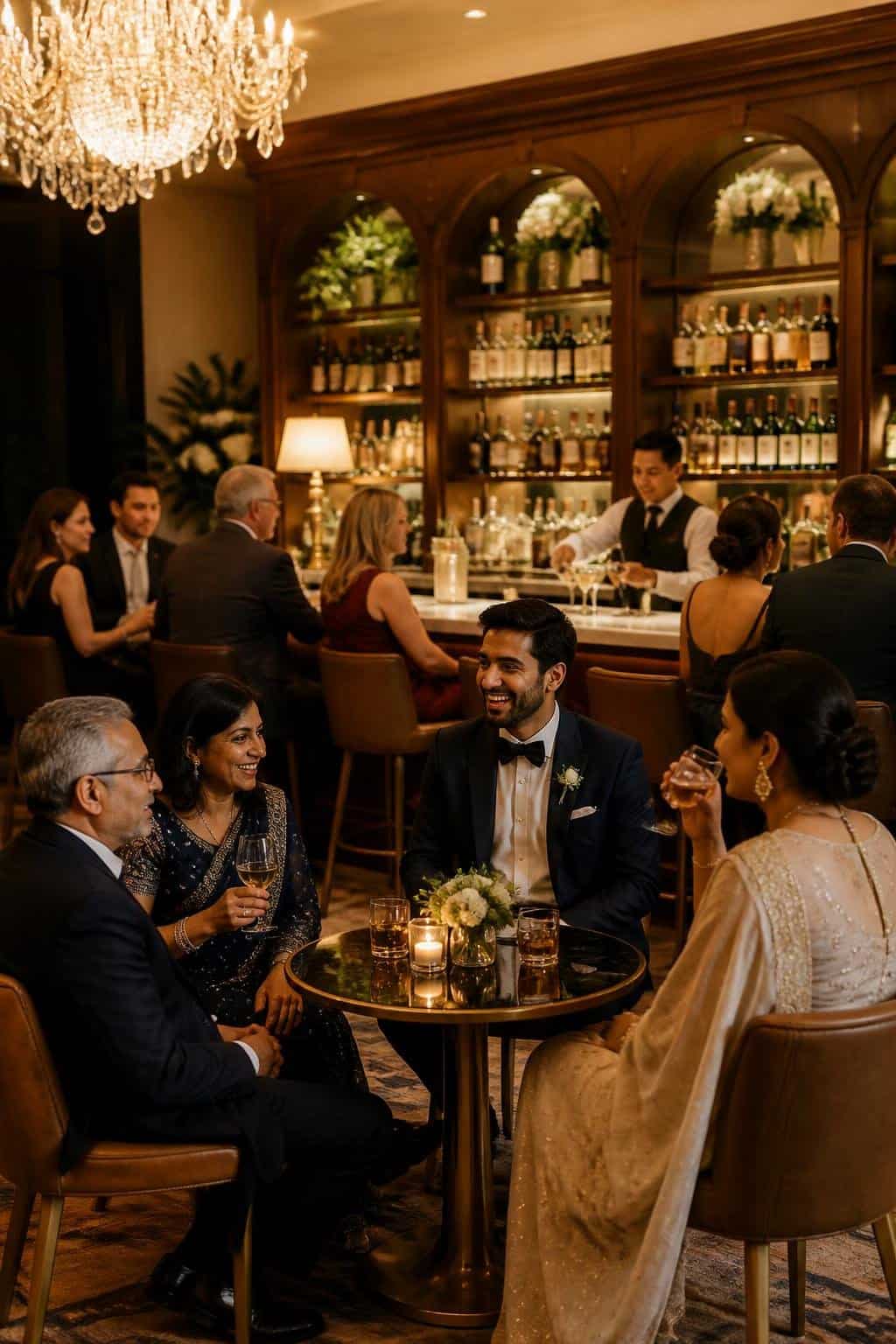 Two separate groups of wedding guests holding drinks and talking at either end of a bar, with open space between them and warm overhead lighting creating a relaxed, balanced atmosphere.
