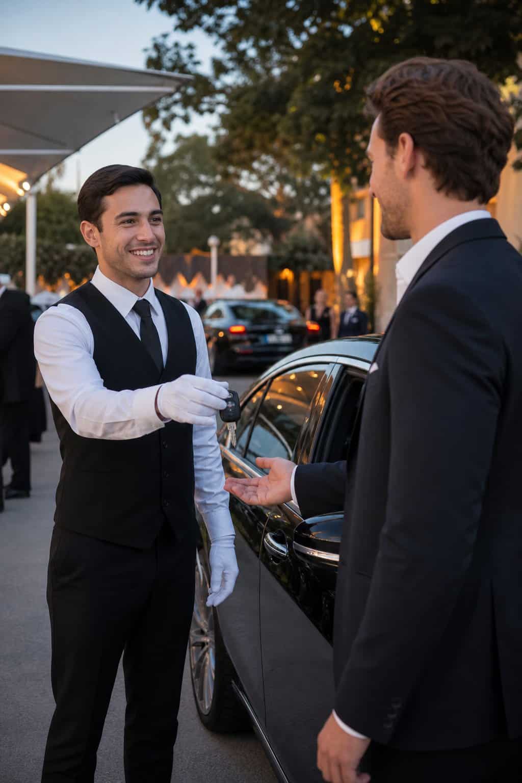 A valet attendant in a red vest handing car keys to a guest beside a luxury sedan parked outside an outdoor venue entrance.