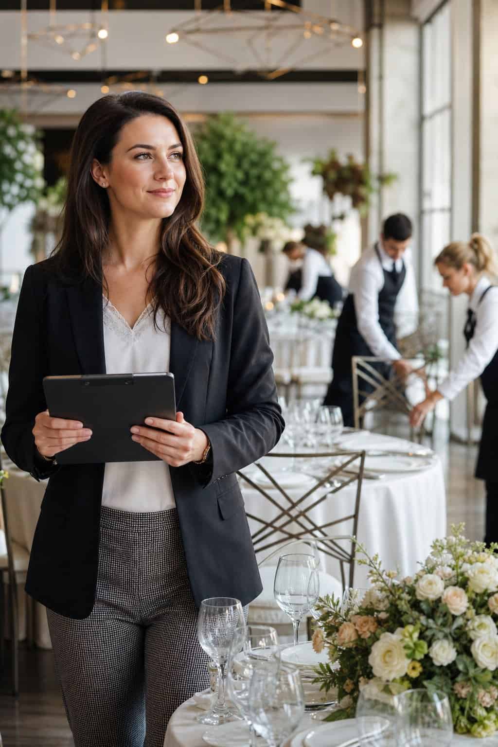 A venue coordinator directing staff in a modern event space with round tables fully set and decorative lighting overhead.