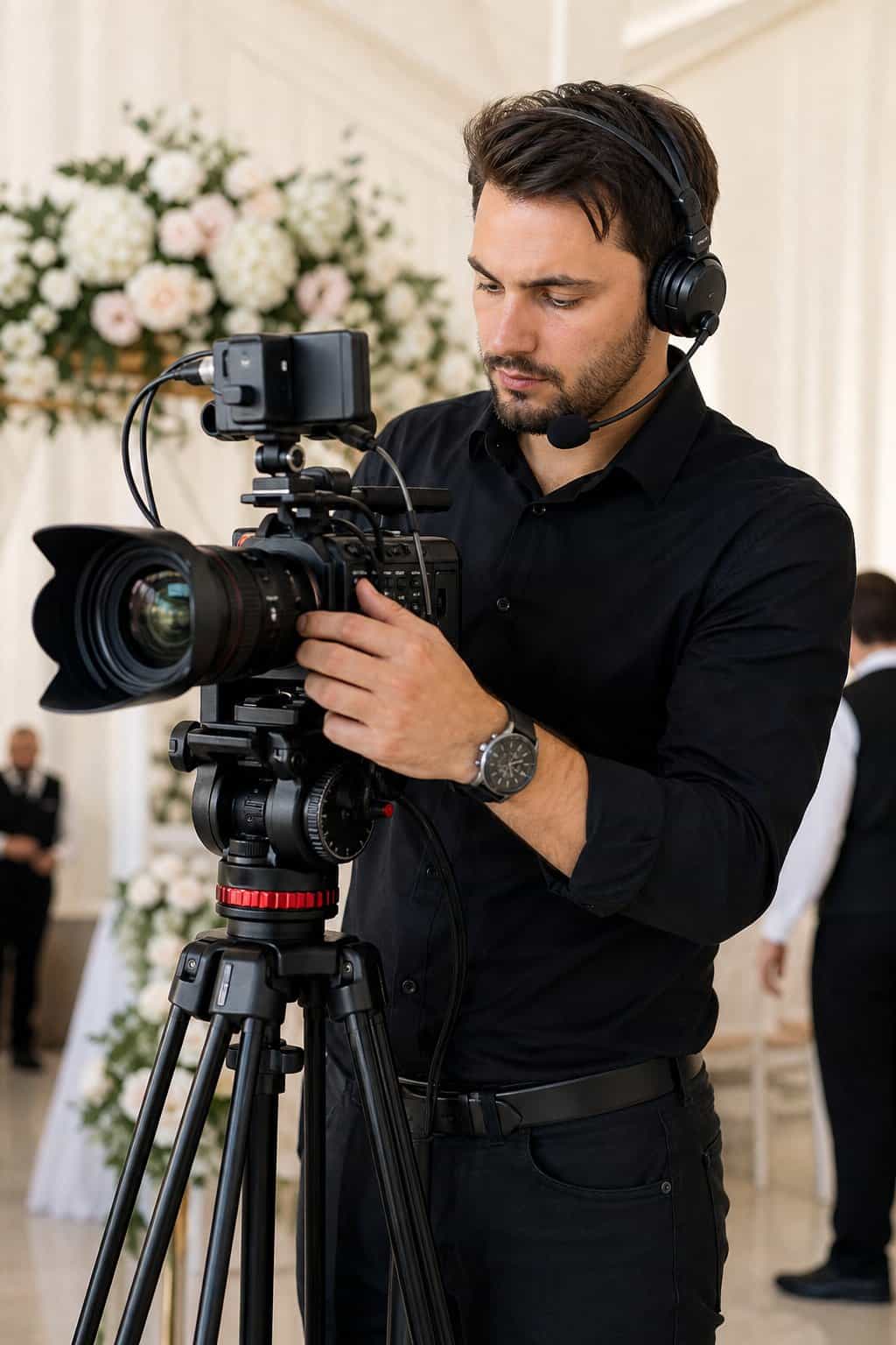 A videographer making fine adjustments to a video camera mounted on a tripod in a bright event venue.